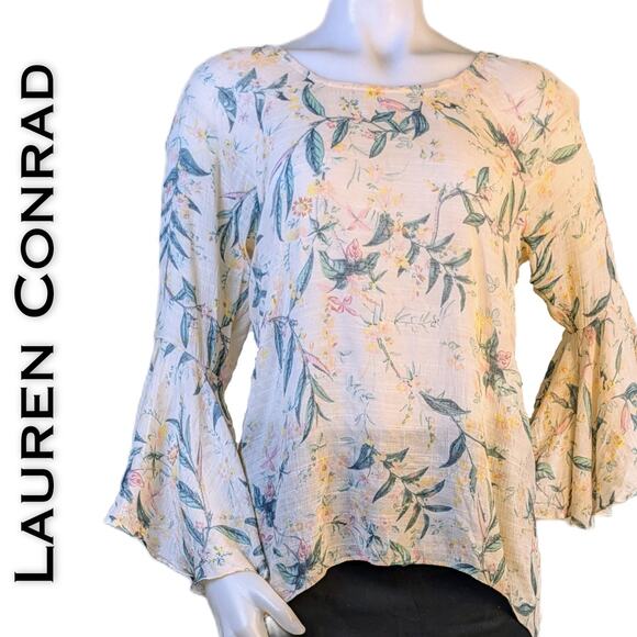 Lauren Conrad Sheer Gauzy Floral Trumpet Sleeve Blouse High Low Split Back Large - Picture 1 of 12